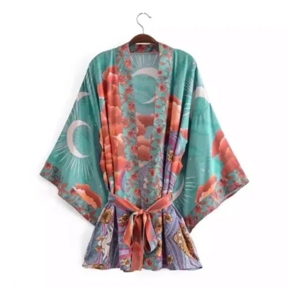 Green Cosmic Galaxy Moon Boho Short Kimono Coverup Robe - Picture 2 of 9